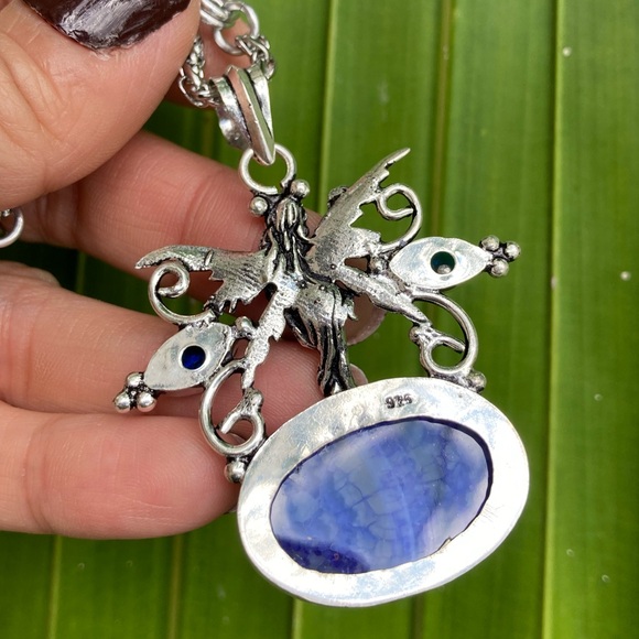 925 sterling silver overlay fairy charm blue Sapphires & agate gems necklace - Picture 3 of 14